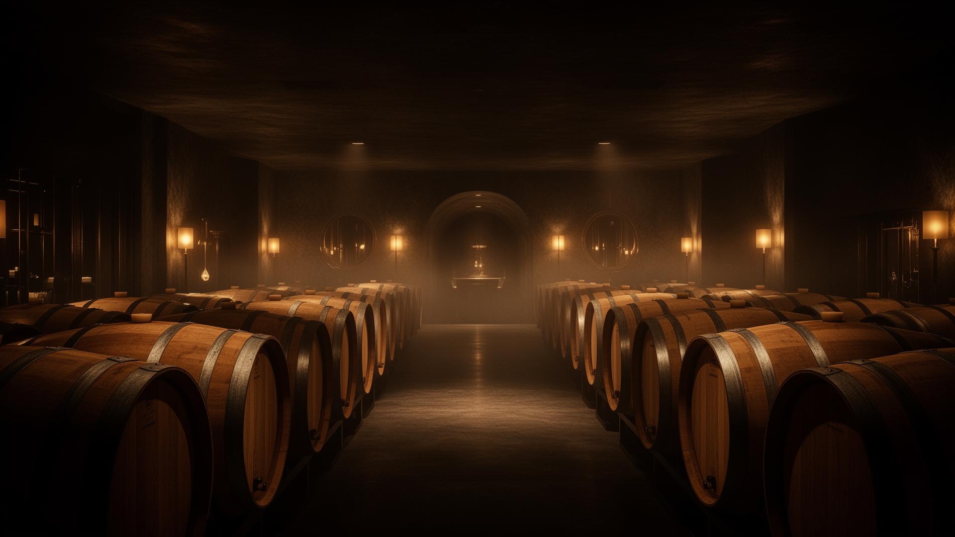Atmospheric wine cellar with rows of oak barrels