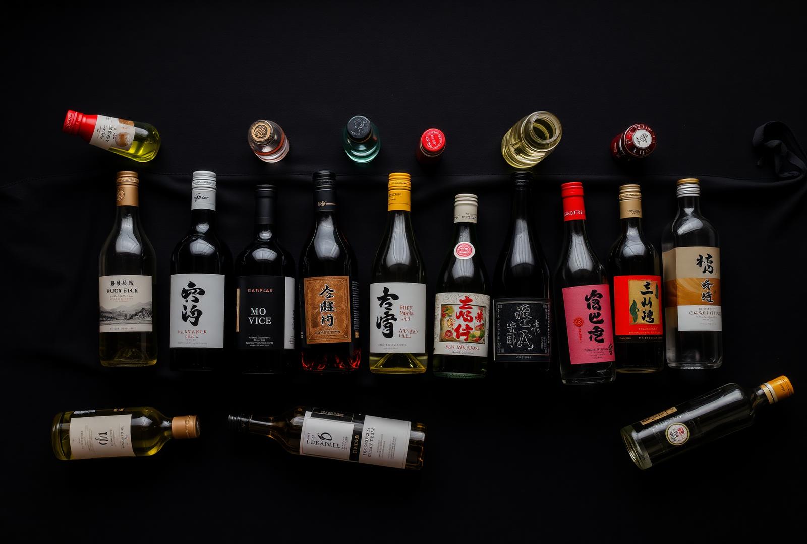 Flat lay of wine, sake and spirit bottles