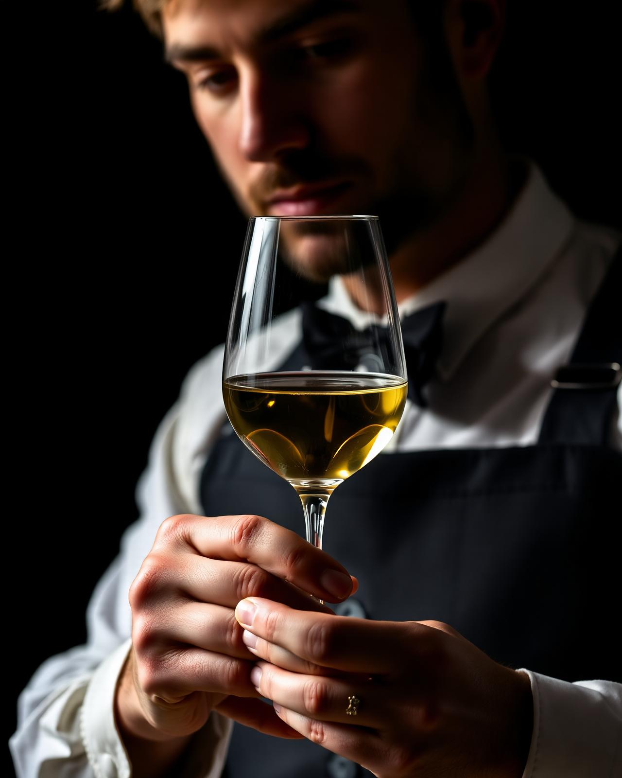 Sommelier examining a glass of white wine