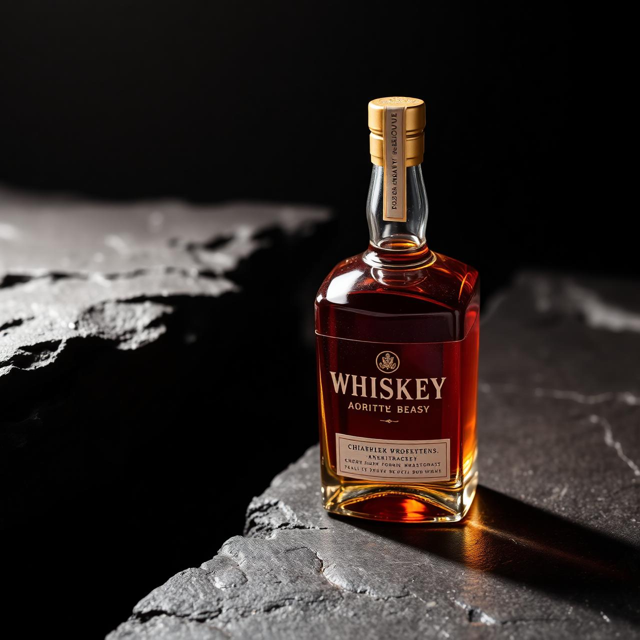 Premium amber spirit bottle on dark stone