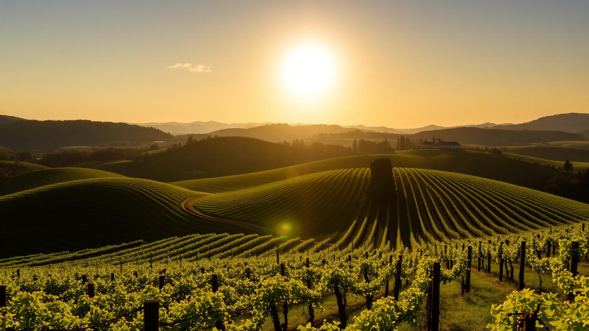 Sunlit European vineyard at golden hour